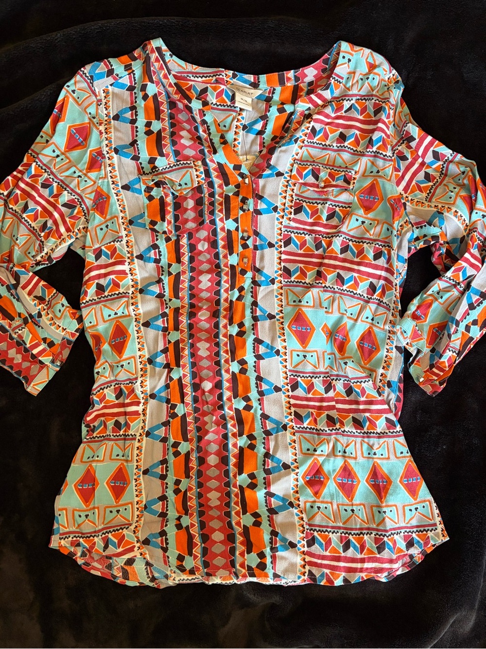 Ariat Multicolor Geometric Print Blouse - Aqua, Orange, Pink